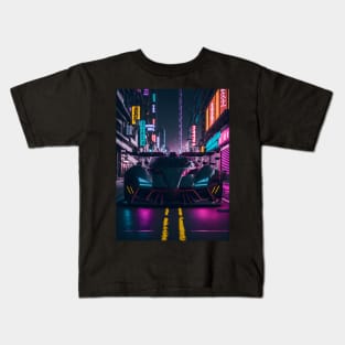 Dark Neon Sports Car in Japanese Neon City Kids T-Shirt